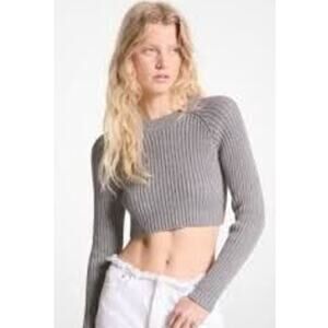 Aritzia Wilfred Ribbed Cropped Long Sleeve Knit Crew Neck Sweater